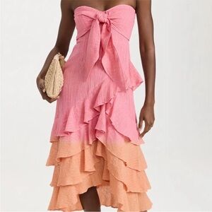 Elegant Pink and Orange Strapless Midi Dress